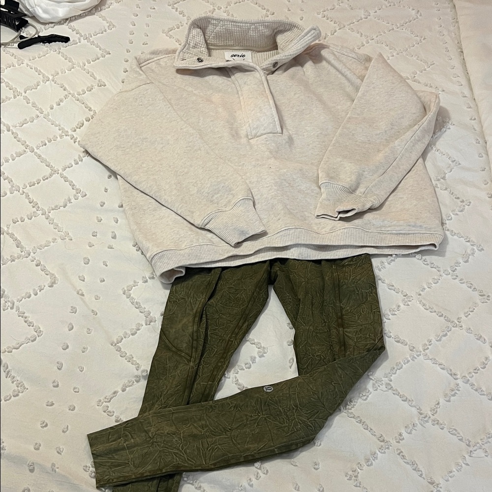 Lululemon leggings and Aeri Cream Pullover and Olive Green Leggings Set